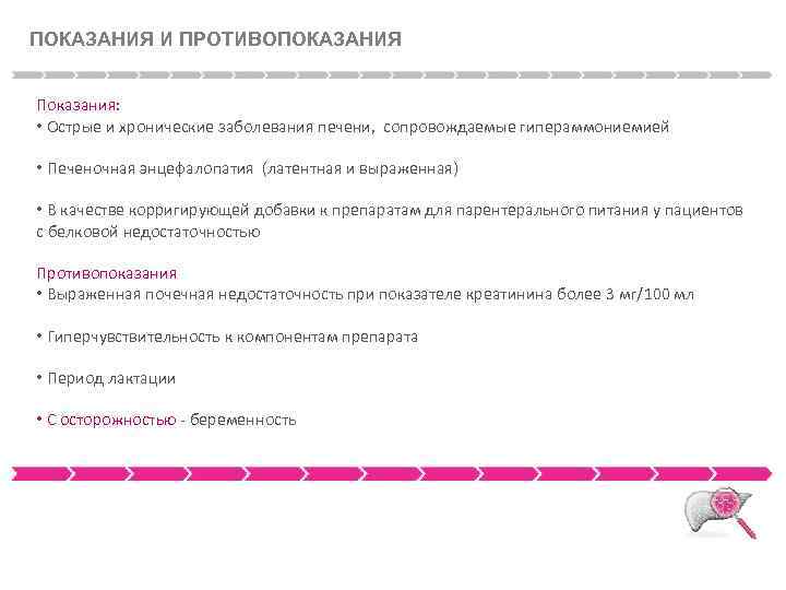 ПОКАЗАНИЯ И ПРОТИВОПОКАЗАНИЯ Показания: • Острые и хронические заболевания печени, сопровождаемые гипераммониемией • Печеночная