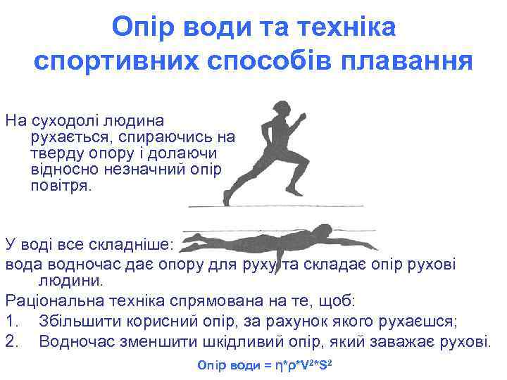 Опір води та техніка спортивних способів плавання На суходолі людина рухається, спираючись на тверду