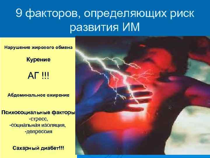 9 факторов, определяющих риск развития ИМ Нарушение жирового обмена Курение АГ !!! Абдоминальное ожирение
