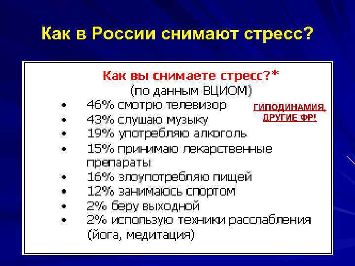 Как в России снимают стресс? ГИПОДИНАМИЯ, ДРУГИЕ ФР! 