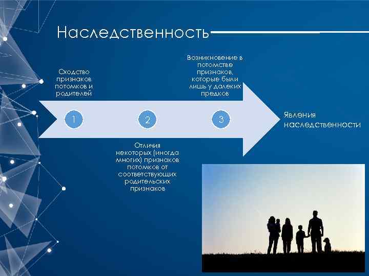 Наследственность Возникновение в потомстве признаков, которые были лишь у далеких предков Сходство признаков потомков