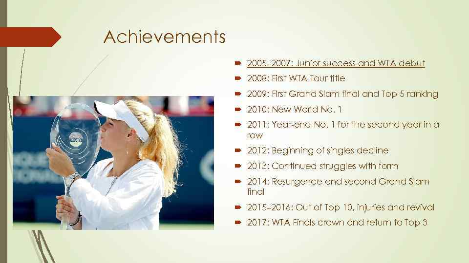 Achievements 2005– 2007: Junior success and WTA debut 2008: First WTA Tour title 2009: