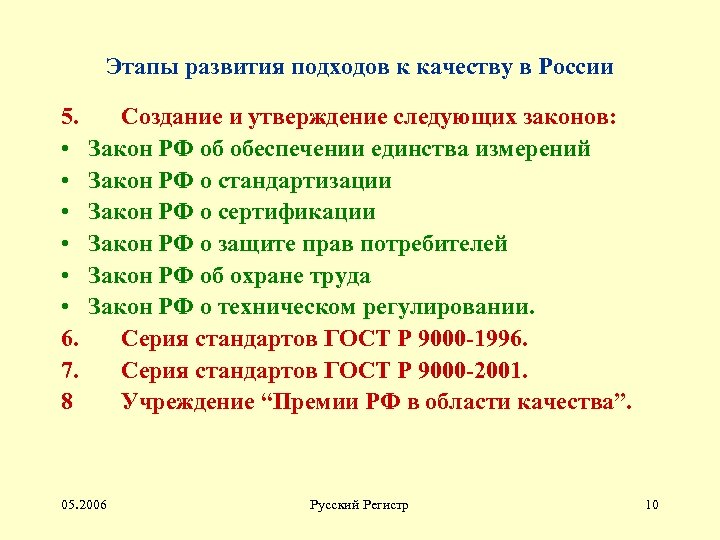 Этапы развития подходов к качеству в России 5. Создание и утверждение следующих законов: •