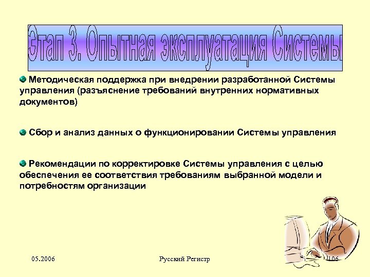 Методическая поддержка при внедрении разработанной Системы управления (разъяснение требований внутренних нормативных документов) Сбор и