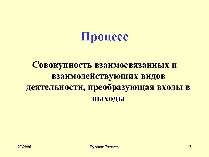 Процесс Совокупность взаимосвязанных и взаимодействующих видов деятельности, преобразующая входы в выходы 05. 2006 Русский