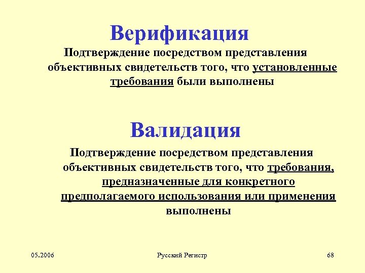 Верификация Подтверждение посредством представления объективных свидетельств того, что установленные требования были выполнены Валидация Подтверждение