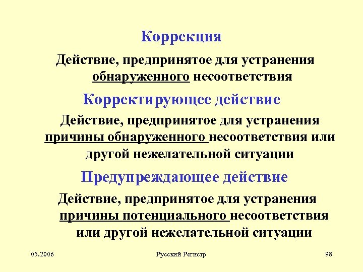 Действие предпринятое для устранения обнаруженного несоответствия плану проекта