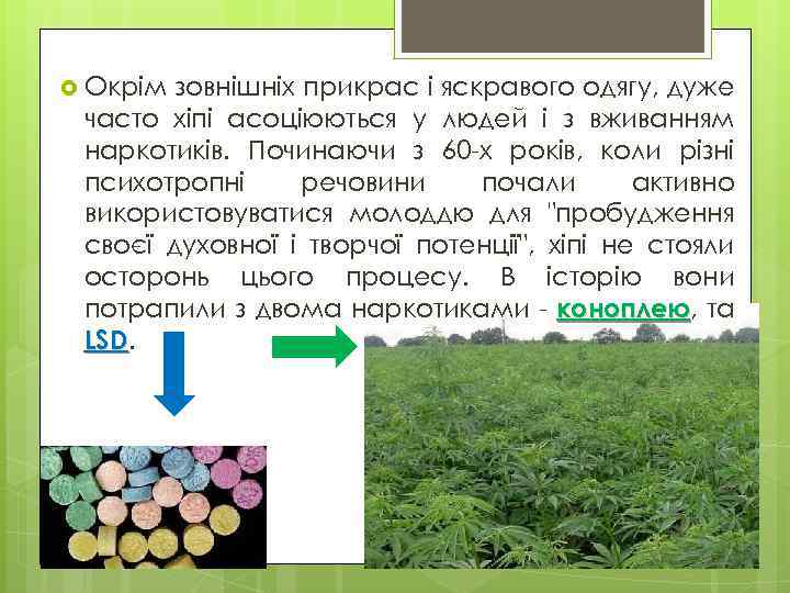  Окрім зовнішніх прикрас і яскравого одягу, дуже часто хіпі асоціюються у людей і