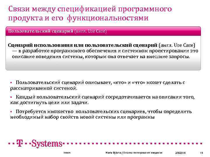 Связи между спецификацией программного продукта и его функциональностями Пользовательский сценарий (англ. Use Case) Headline