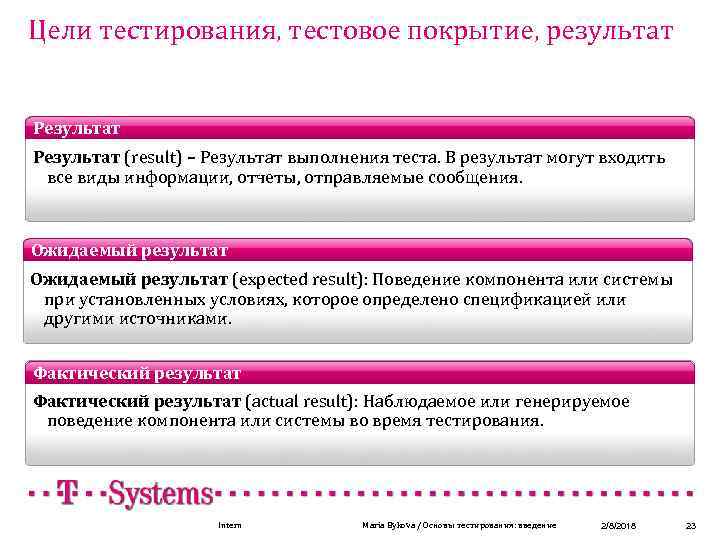 Цели тестирования, тестовое покрытие, результат Результат (result) – Результат выполнения теста. В результат могут