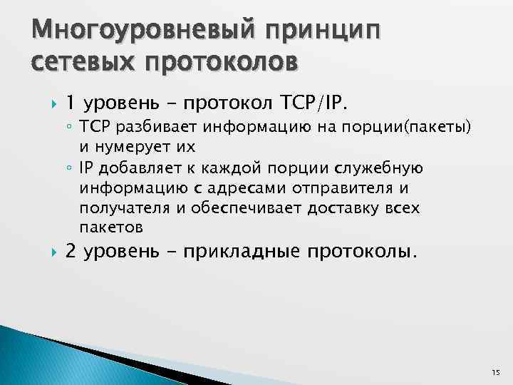 Многоуровневый принцип сетевых протоколов 1 уровень - протокол TCP/IP. ◦ TCP разбивает информацию на