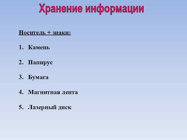 Носитель + знаки: 1. Камень 2. Папирус 3. Бумага 4. Магнитная лента 5. Лазерный