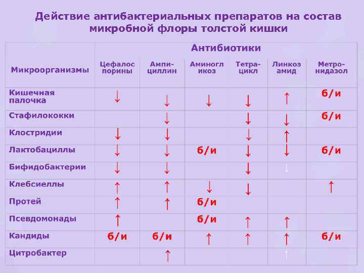 Действие антибактериальных препаратов на состав микробной флоры толстой кишки 