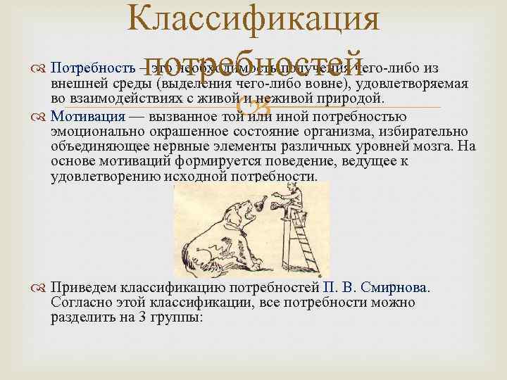 Классификация Потребность – это необходимость получения чего-либо из потребностей внешней среды (выделения чего-либо вовне),