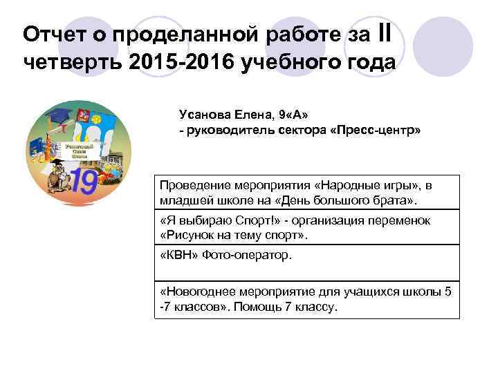 Отчет о проделанной работе за II четверть 2015 -2016 учебного года Усанова Елена, 9