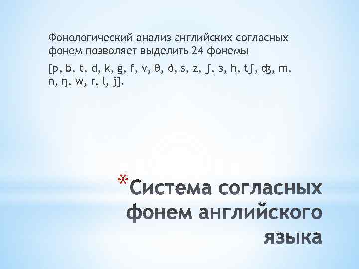 Фонологический анализ английских согласных фонем позволяет выделить 24 фонемы [p, b, t, d, k,