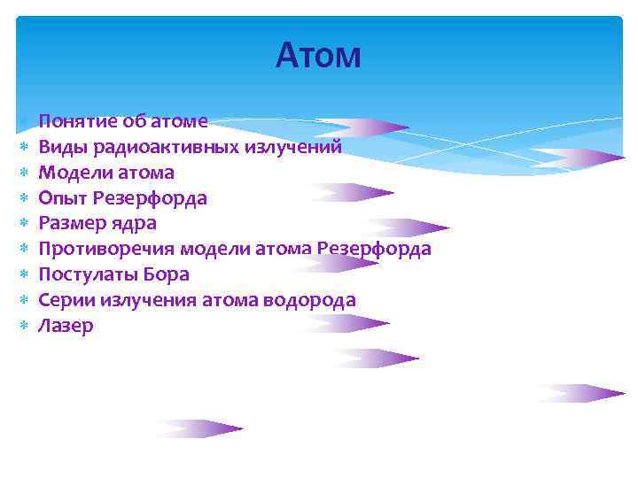 Атом Понятие об атоме Виды радиоактивных излучений Модели атома Опыт Резерфорда Размер ядра Противоречия