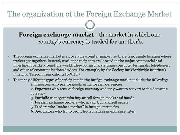 The organization of the Foreign Exchange Market Foreign exchange market - the market in