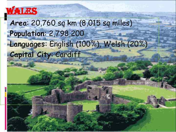 Wales Area: 20, 760 sq km (8, 015 sq miles) Population: 2, 798, 200