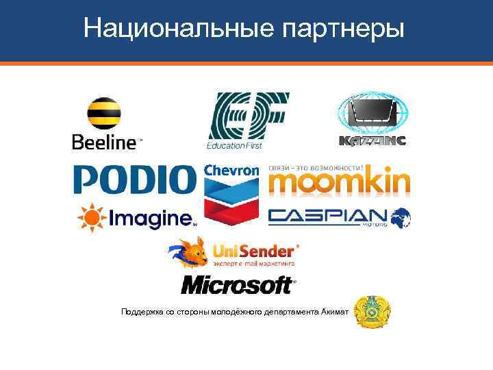 Национальные партнеры Поддержка со стороны молодёжного департамента Акимат 