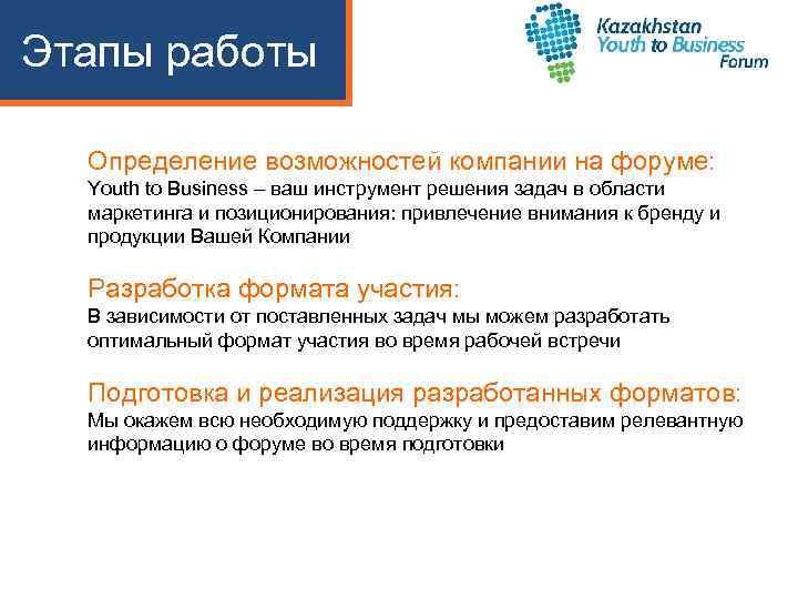 Этапы работы Определение возможностей компании на форуме: Youth to Business – ваш инструмент решения