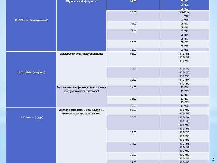 Юридический факультет 08: 00 10: 00 15. 02. 2016 г. (понедельник) 12: 00 14: