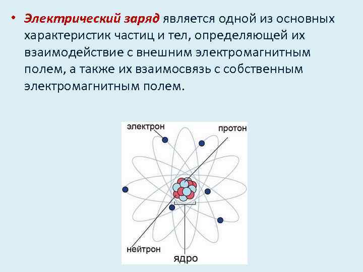  • Электрический заряд является одной из основных характеристик частиц и тел, определяющей их