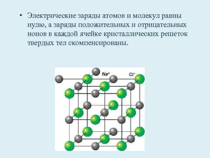  • Электрические заряды атомов и молекул равны нулю, а заряды положительных и отрицательных