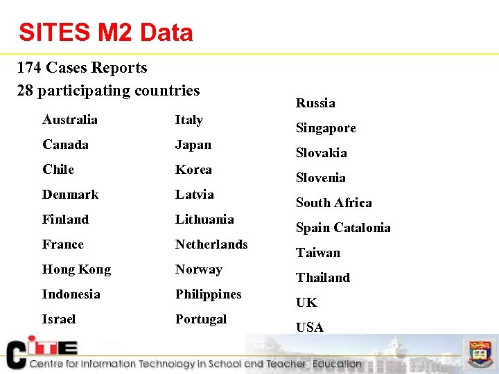 SITES M 2 Data 174 Cases Reports n 28 participating countries n Australia Italy