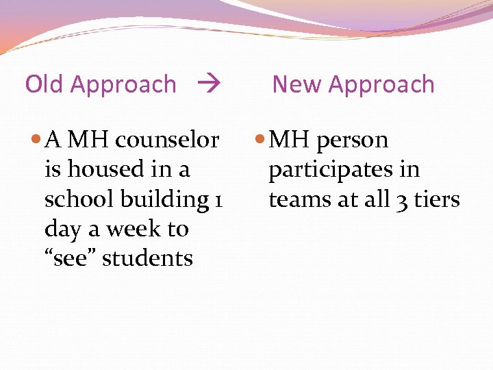Old Approach New Approach A MH counselor is housed in a school building 1
