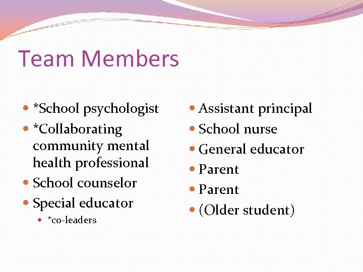 Team Members *School psychologist *Collaborating community mental health professional School counselor Special educator *co-leaders