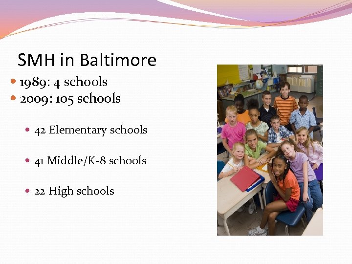 SMH in Baltimore 1989: 4 schools 2009: 105 schools 42 Elementary schools 41 Middle/K-8