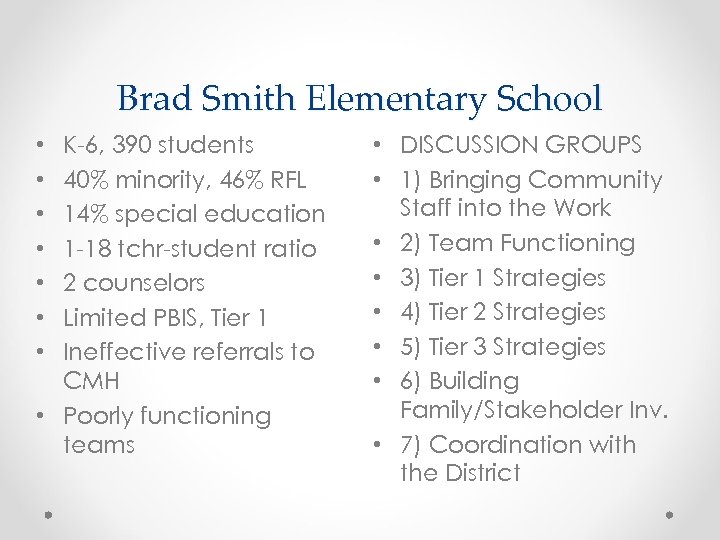 Brad Smith Elementary School K-6, 390 students 40% minority, 46% RFL 14% special education