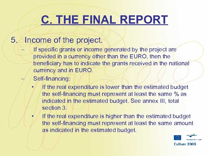C. THE FINAL REPORT 5. Income of the project. – – If specific grants