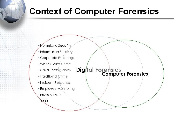 Context of Computer Forensics • Homeland Security • Information Security • Corporate Espionage •