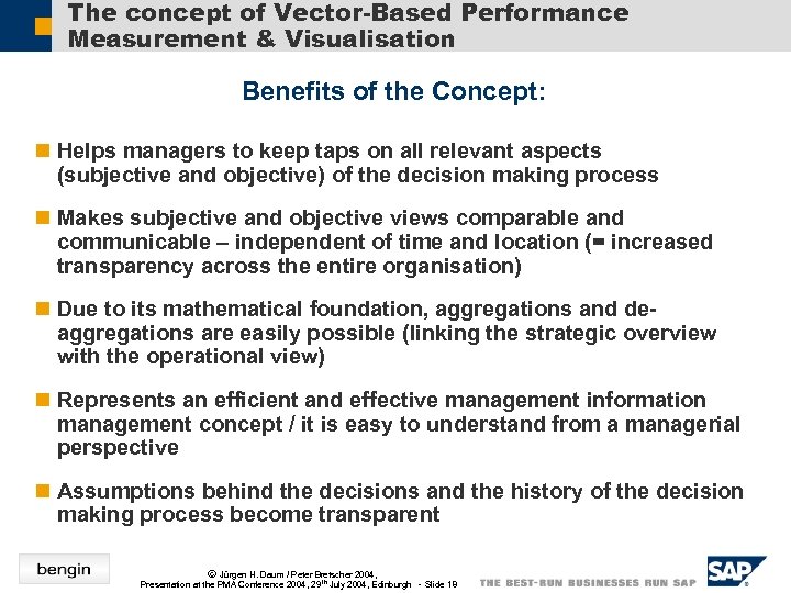 The concept of Vector-Based Performance Measurement & Visualisation Benefits of the Concept: n Helps