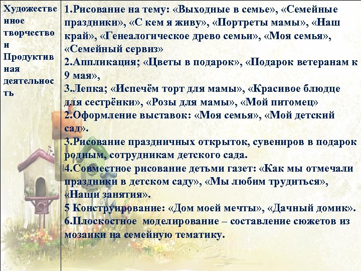 Художестве нное творчество и Продуктив ная деятельнос ть 1. Рисование на тему: «Выходные в