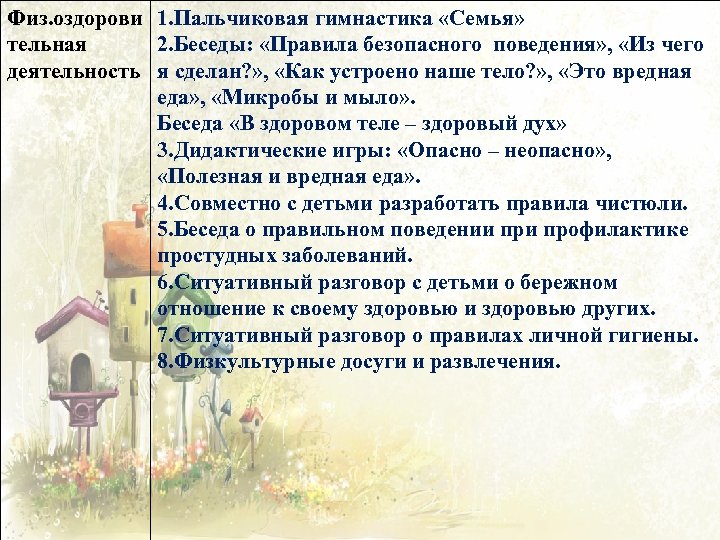 Физ. оздорови 1. Пальчиковая гимнастика «Семья» тельная 2. Беседы: «Правила безопасного поведения» , «Из
