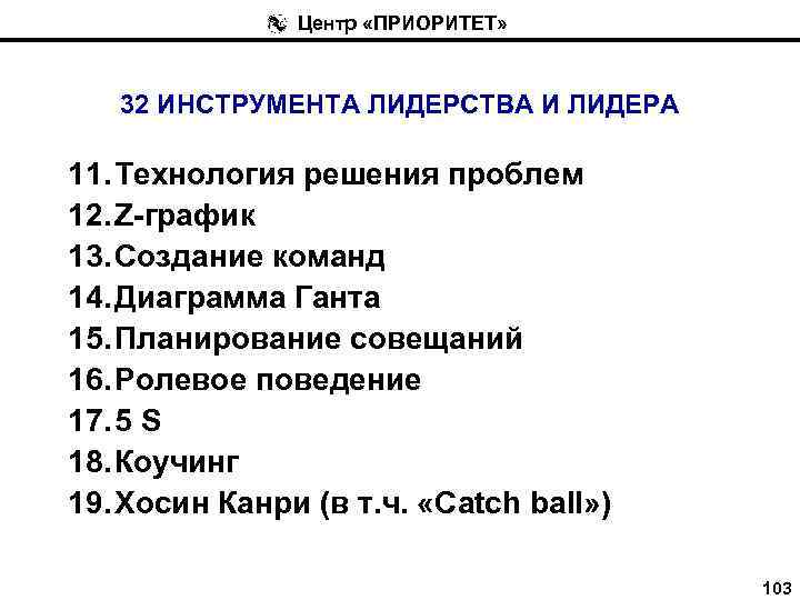 Центр «ПРИОРИТЕТ» 32 ИНСТРУМЕНТА ЛИДЕРСТВА И ЛИДЕРА 11. Технология решения проблем 12. Z-график 13.