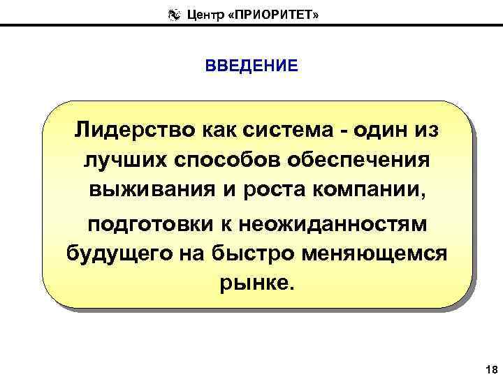 Центр «ПРИОРИТЕТ» ВВЕДЕНИЕ Лидерство как система - один из лучших способов обеспечения выживания и