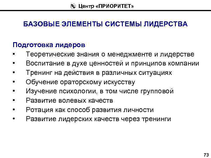 Центр «ПРИОРИТЕТ» БАЗОВЫЕ ЭЛЕМЕНТЫ СИСТЕМЫ ЛИДЕРСТВА Подготовка лидеров • Теоретические знания о менеджменте и