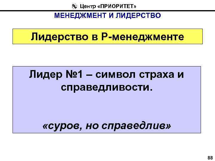 Центр «ПРИОРИТЕТ» МЕНЕДЖМЕНТ И ЛИДЕРСТВО Лидерство в Р-менеджменте Лидер № 1 – символ страха