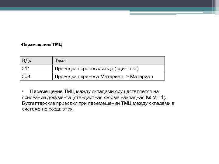  • Перемещение ТМЦ ВДв Текст 311 Проводка переноса/склад (один шаг) 309 Проводка переноса