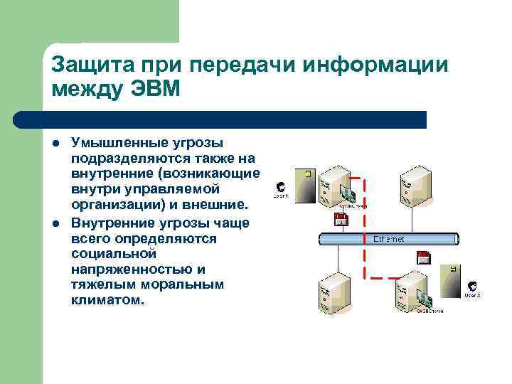 Защита при передачи информации между ЭВМ l l Умышленные угрозы подразделяются также на внутренние