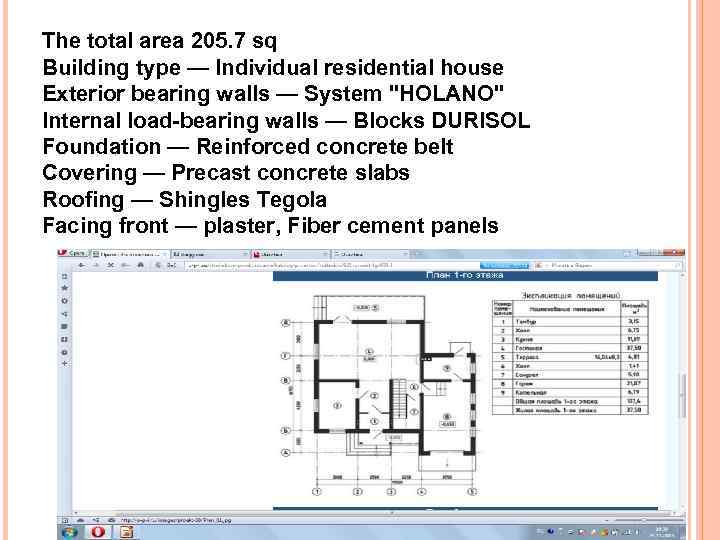 The total area 205. 7 sq Building type — Individual residential house Exterior bearing