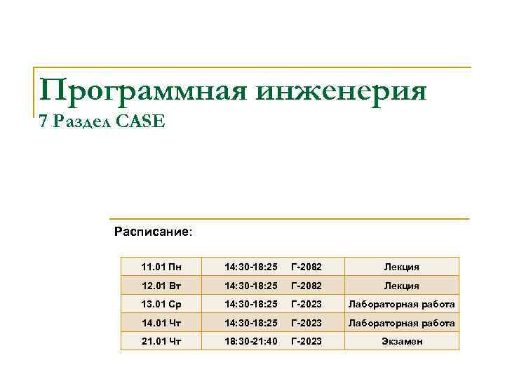 Программная инженерия 7 Раздел CASE Расписание: 11. 01 Пн 14: 30 18: 25 Г
