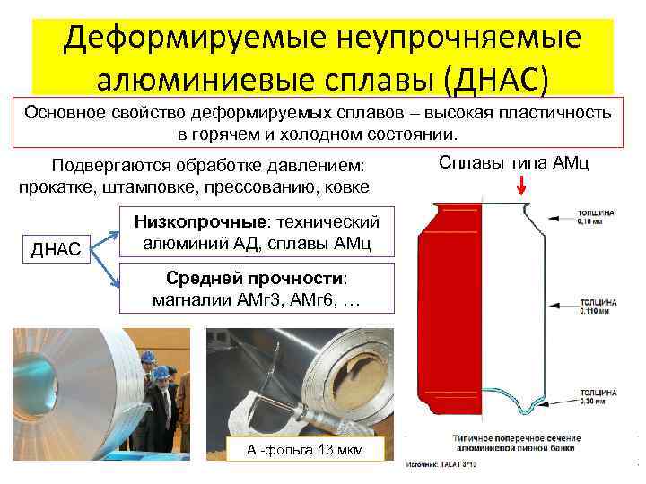 Деформируемые неупрочняемые алюминиевые сплавы (ДНАС) Основное свойство деформируемых сплавов – высокая пластичность в горячем