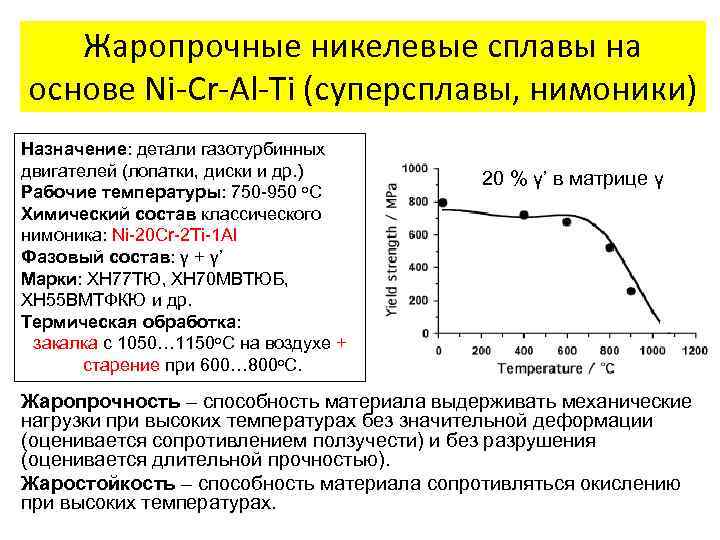 Жаропрочные никелевые сплавы на основе Ni-Cr-Al-Ti (суперсплавы, нимоники) Назначение: детали газотурбинных двигателей (лопатки, диски