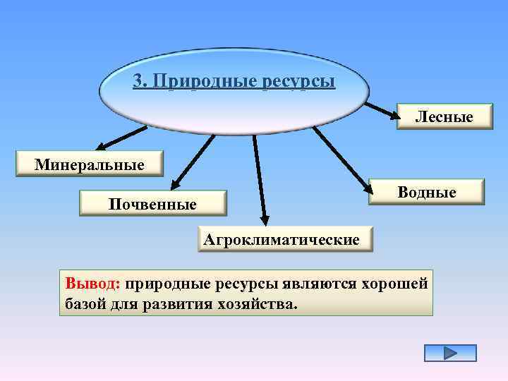 3. Природные ресурсы Лесные Минеральные Водные Почвенные Агроклиматические Вывод: природные ресурсы являются хорошей базой