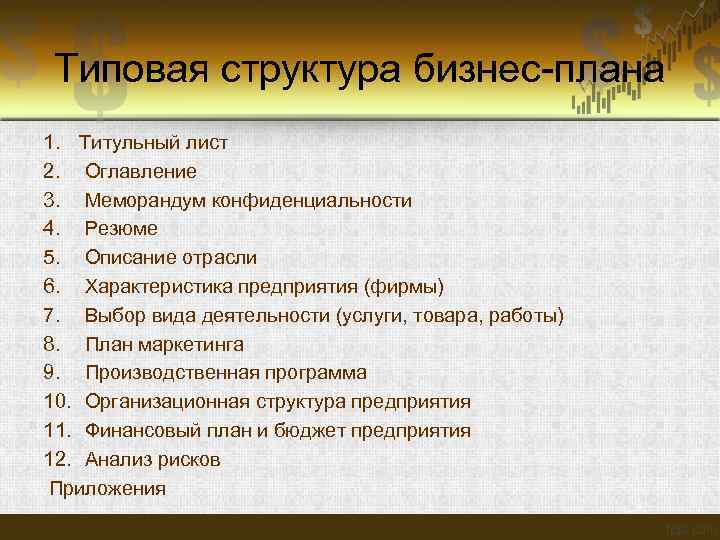 Типовая структура бизнес-плана 1. Титульный лист 2. Оглавление 3. Меморандум конфиденциальности 4. Резюме 5.